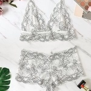 Sexy V Neck Two Tone Lace Floral Bra And Panty Set, Lingeries, color:White|size:3XL, Noracora