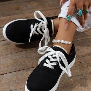 Women Minimalist Casual Lace-Up Canvas Shoes, Sneakers, color:Black|size:43, JustFashionNow