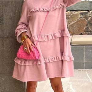 Loose Elegant Plain Long Sleeve Mini Dress With No Belt, Mini Dresses, color:Pink|size:XXL, Stylewe