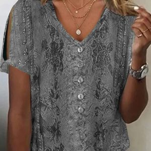 Plus Size Loose V Neck Casual Floral Shirt, TOPS, color:Gray|size:4X, Noracora