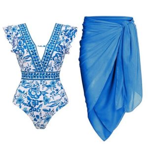 Vacation Floral PrintingV Neck One Piece With Cover Up, swimwear>>Bikini Sets, color:Blue|size:XXL, JustFashionNow
