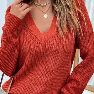 V Neck Plain Casual Sweater, Sweaters, color:Red Brown|size:XXL, JustFashionNow