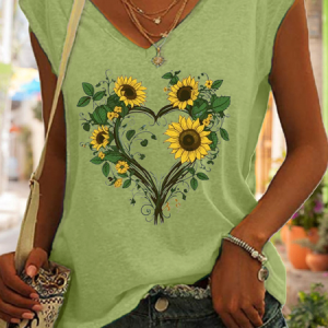 Women‘s Sunflower Cute Floral Tank Top, color:Green|size:3XL, Lilicloth.com