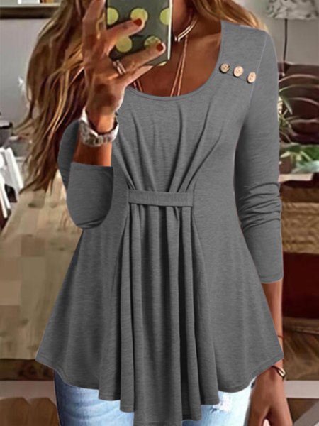 Casual Plain Regular Fit Crew Neck Top, Tops, color:Gray|size:XXL, JustFashionNow