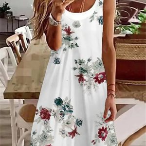 Casual Floral Crew Neck Dress, Dresses, color:White|size:3XL, JustFashionNow