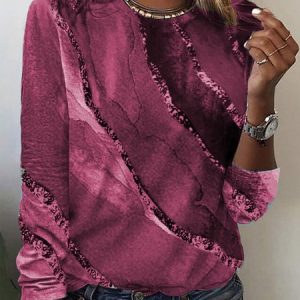 Abstract Casual Loose Long Sleeve T-Shirt, T-shirts, color:Fuchsia|size:3XL, Noracora
