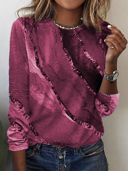 Abstract Casual Loose Long Sleeve T-Shirt, T-Shirts, color:Fuchsia|size:3XL, JustFashionNow