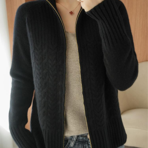 Women Wool/Knitting Plain Long Sleeve Comfy Casual Zipper Cardigan, Cardigans, color:Black|size:3XL, Noracora