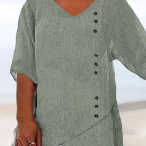 Plus Size Casual Three Quarter V Neck Top, Shirts & Blouses, color:Light Gray|size:4X, JustFashionNow