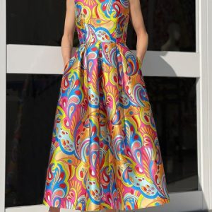 Crew Neck Abstract Elegant Short Sleeve Woven Dress Wedding, Maxi Dresses, color:Multicolor|size:XXL, Stylewe