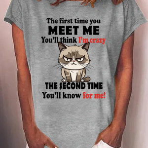 Women's Funny Word The First Time You Meet Me You'll Think I'm Crazy The Second Time You'll Know For Me Casual T-Shirt, color:Gray|size:3XL, Lilicloth.com