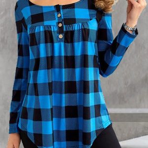 Casual Crew Neck Plaid Top, Tops, color:Blue|size:XXL, JustFashionNow