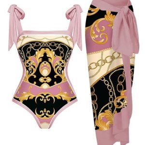 Vacation Abstract  Printing Strapless One Piece With Cover Up, swimwear>>Bikini Sets, color:Pink|size:XXL, JustFashionNow