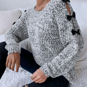 Marled Knit Bow Side Sweater, Sweaters, color:As Picture|size:XXL, JustFashionNow