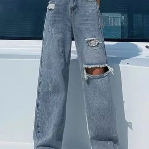 Plain Ripped Pockets Casual Jeans, Denim&Jeans, color:Blue|size:XXL, Noracora