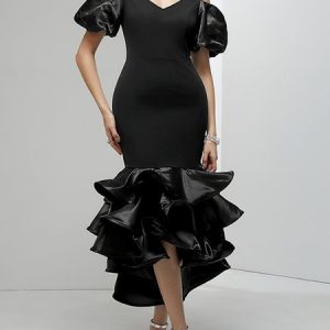 Regular Fit Elegant Plain V Neck Party Dress, Maxi Dresses, color:Black|size:XXL, Stylewe