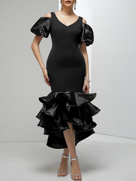 Regular Fit Elegant Plain V Neck Party Dress, Maxi Dresses, color:Black|size:XXL, Stylewe