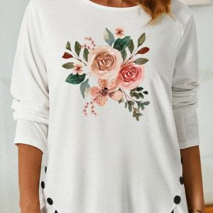 Women's Vintage Flower Print Casual Shirt, color:White|size:3XL, Lilicloth.com