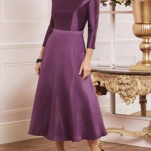 Elegant Plain Satin  Boat Neck  Midi Dress Wedding, Midi Dresses, color:Purple|size:XXL, Stylewe