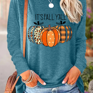 Women's It's Fall Y'all Halloween Leopard Pumpkin Crew Neck Halloween Long Sleeve T-shirt, color:Green|size:3XL, Lilicloth.com
