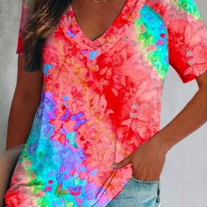 Vacation Loose V Neck Butterfly T-Shirt, JustFashionNow T-Shirts, color:Red|size:XXL,