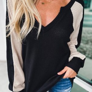 Casual Color Block V Neck Sweater, Sweaters, color:Black|size:XXL, JustFashionNow