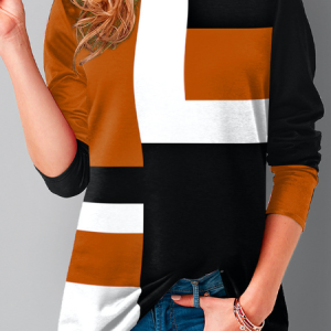 Casual Color Block Crew Neck Long Sleeve T-shirt, T-shirts, color:Orange|size:5XL, Noracora