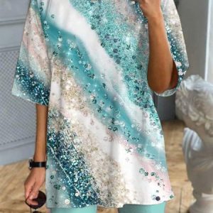 Blue Gradient Loose Knit T-Shirt & Pants Two-Piece Set, Suit Set, color:Blue|size:XXL, JustFashionNow