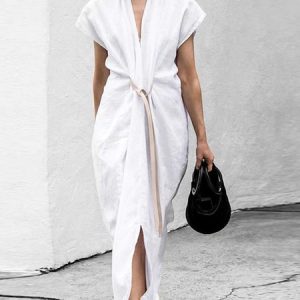 Elegant Plain V Neck Loose Dress, Midi Dresses, color:White|size:XXL, Stylewe