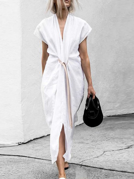 Elegant Plain V Neck Loose Dress, Midi Dresses, color:White|size:XXL, Stylewe