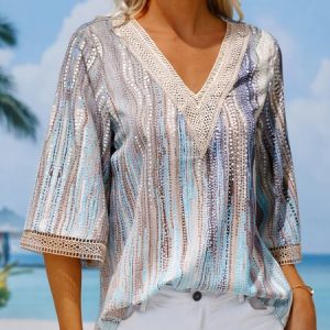 V Neck Ombre Casual Lace Shirt, Shirts & Blouses, color:Green|size:XXL, JustFashionNow