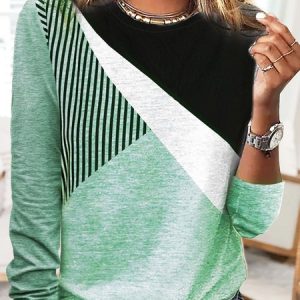 Women Striped Casual Daily Loose Regular H-Line Medium Elasticity Regular Size T-Shirt, T-shirts, color:Green|size:XXL, Noracora