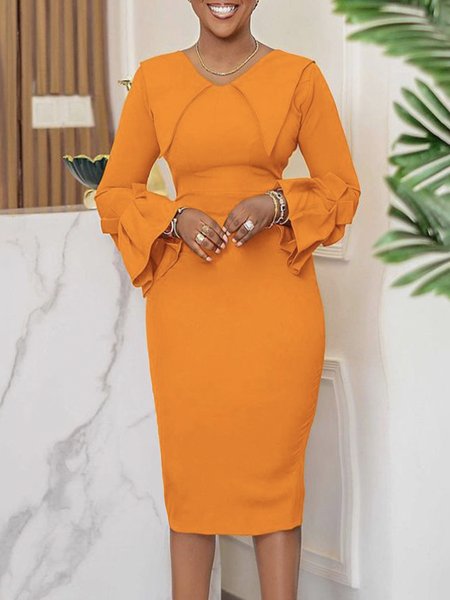 Long Sleeve Plain Tight Crew Neck Elegant Dress, Midi Dresses, color:Orange|size:XXL, Stylewe