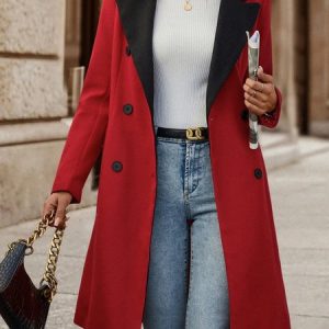 Contrast Lapel Collar Double Breasted Overcoat, Trench Coats, color:Red-black|size:XXL, JustFashionNow