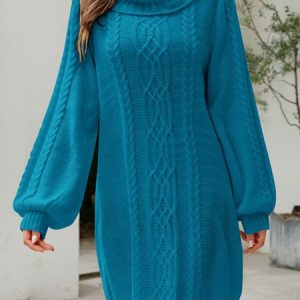 Women Geometric Shawl Collar Long Sleeve Comfy Vintage Short Sweater Dress, Sweater Dresses, color:Blue|size:XL, Noracora