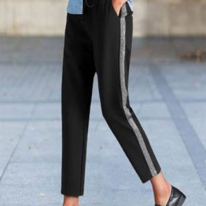 Casual Color Block Ankle Pants Lace-up Sweatpants & Joggers, Pants, color:Black-silver|size:3XL, Noracora