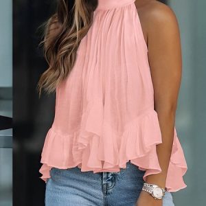 Halter Plain Flouncing Loose Sleeveless Urban Shirt, Blouses and Shirts, color:Pink|size:XXL, Stylewe