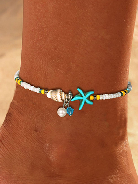 JFN Seashell Anklet Starfish Turquoise Ankle Bracelet Silver Foot Chain Jewelry for Women and Girls, Anklets, color:Blue, JustFashionNow