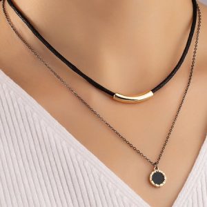 Casual Leather Black Crystal Multilayer Necklace Vintage Women's Jewelry, Necklaces, color:As Picture|size:One-size, JustFashionNow