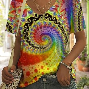 Ethnic Casual V Neck T-Shirt, T-shirts, color:Yellow|size:XXL, Noracora