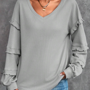 Casual V Neck Plain Loose Solid Ruffle Trim Drop Shoulder Sweatshirt, Sweatshirts & Hoodies, color:Gray|size:XXL, JustFashionNow