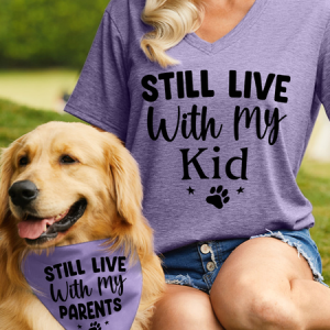 Women's Still Live With kid V Neck Casual Matching Dog Print T-Shirt, color:Purple|size:3XL, Lilicloth.com