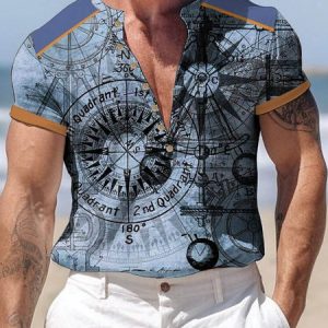 Casual Compass Button Short Sleeve T-Shirt Vacation Beach Mens Tee, T-Shirts, color:Blue|size:3XL, JustFashionNow
