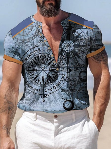 Casual Compass Button Short Sleeve T-Shirt Vacation Beach Mens Tee, T-Shirts, color:Blue|size:3XL, JustFashionNow