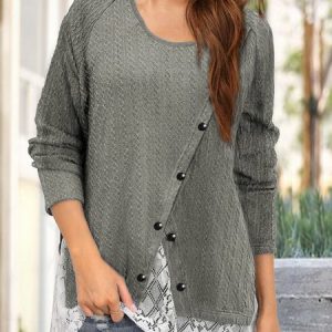 Irregular button lace Pullover button knit top tunic, Tops, color:Gray|size:XXL, JustFashionNow