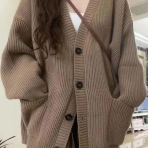Women Wool/Knitting Plain Long Sleeve Comfy Casual Buckle Cardigan, Cardigans, color:Brown|size:3XL, Noracora