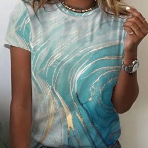 Loose Gradient Pattern Casual Crew Neck T-Shirt, T-Shirts, color:Cyan|size:XXL, JustFashionNow