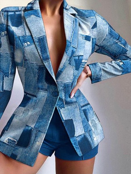 Urban Lapel Collar Geometric Regular Fit Blazer, Blazers, color:Blue|size:XXL, Stylewe
