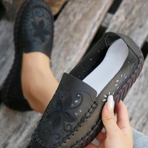 Floral Embroidery Breathable Hollow out Loafers, color:Black|size:43, Lilicloth.com