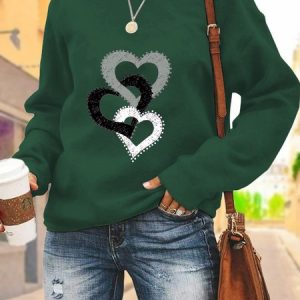 Casual Crew Neck Heart/Cordate Sweatshirt Printing, Hoodies & Sweatshirts, color:Green|size:3XL, Noracora